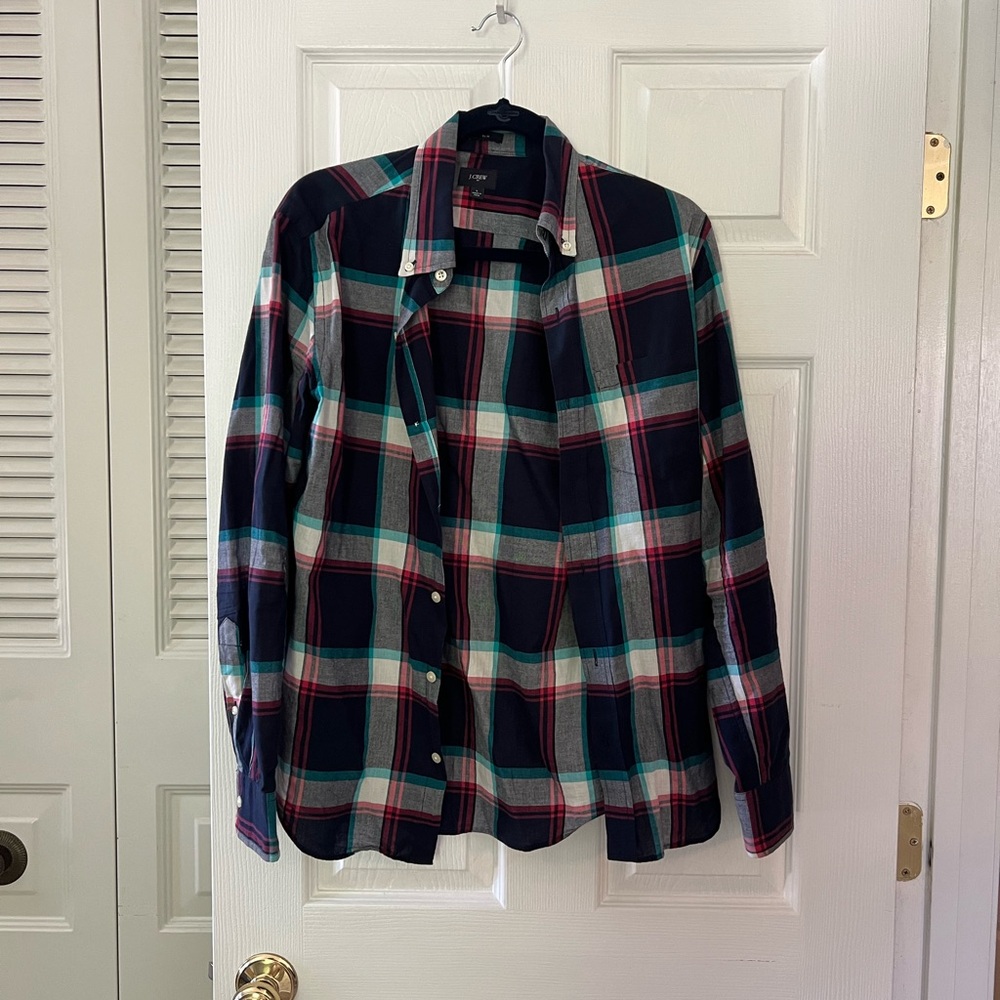 J. Crew Lightweight Navy, White and Pink Slim checker Madra shirt